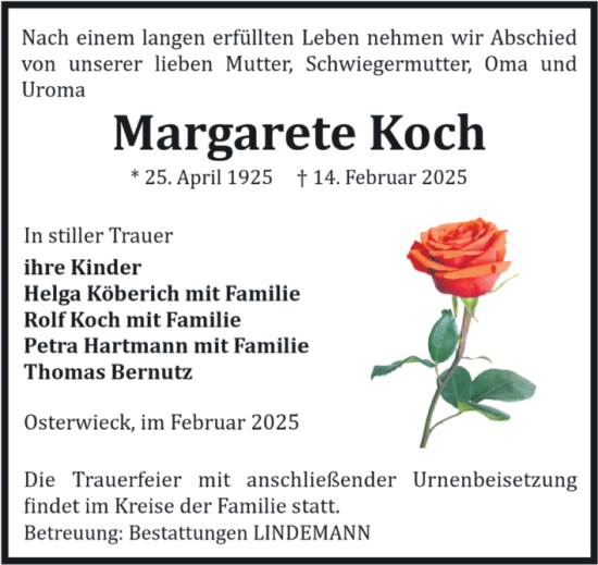 Traueranzeige von Margarete Koch von Volksstimme Halberstadt