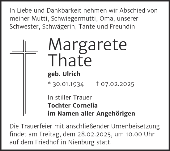 Traueranzeige von Margarete Thate von Trauerkombi Bernburg