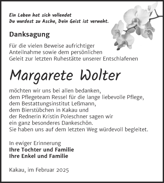 Traueranzeige von Margarete Wolter von Trauerkombi Wittenberg