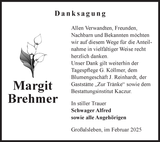 Traueranzeige von Margit Brehmer von Volksstimme Oschersleben/Wanzleben
