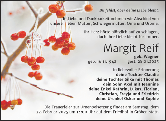 Traueranzeige von Margit Reif von Trauerkombi Weißenfels