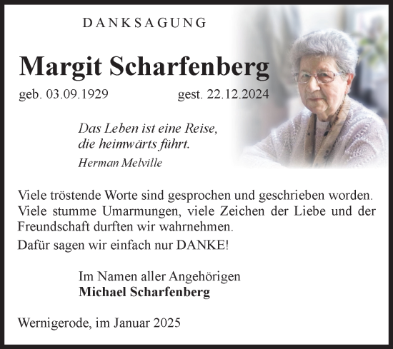 Traueranzeige von Margit Scharfenberg von Volksstimme Wernigerode