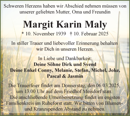 Traueranzeige von Margit Karin Maly von Trauerkombi Quedlinburg