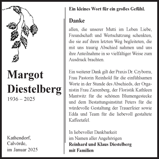 Traueranzeige von Margot Diestelberg von Volksstimme Haldensleben/Wolmirstedt