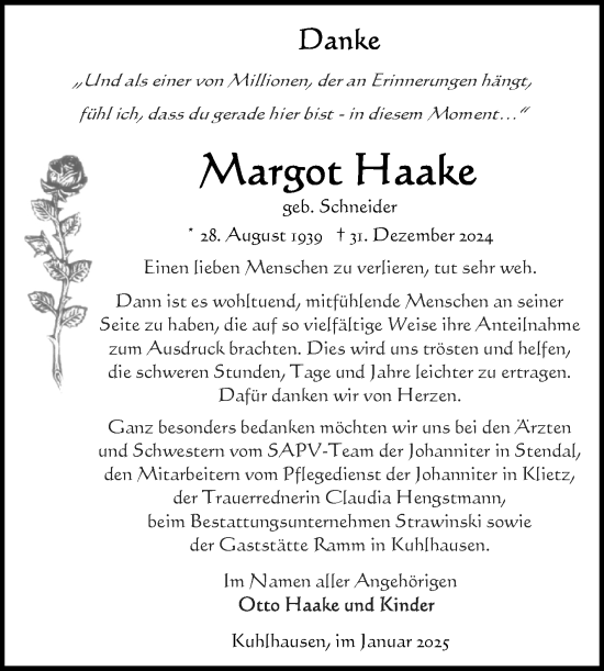 Traueranzeige von Margot Haake von Volksstimme Altmark Ost