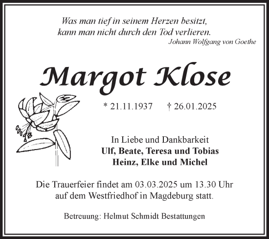 Traueranzeige von Margot Klose von Volksstimme Magdeburg