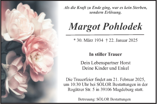 Traueranzeige von Margot Pohlodek von Volksstimme Magdeburg