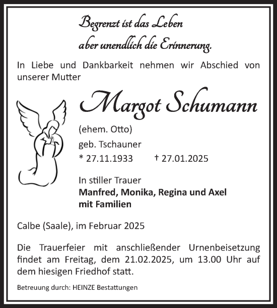 Traueranzeige von Margot Schumann von Volksstimme Schönebeck