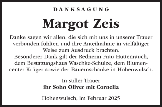 Traueranzeige von Margot Zeis von Volksstimme Altmark Ost