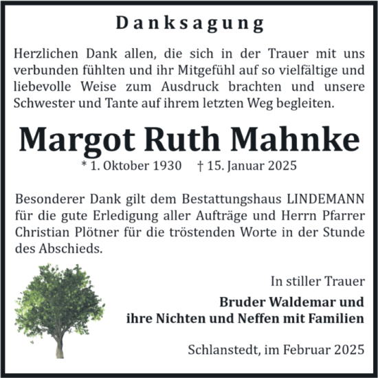 Traueranzeige von Margot Ruth Mahnke von Volksstimme Halberstadt