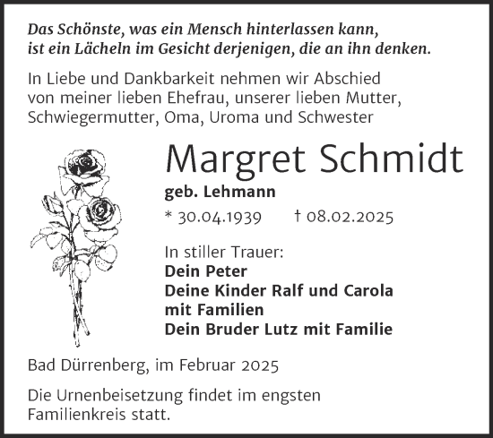 Traueranzeige von Margret Schmidt von Trauerkombi Merseburg