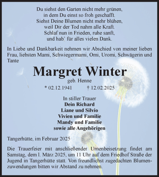 Traueranzeige von Margret Winter von Volksstimme Altmark Ost