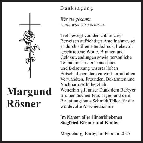 Traueranzeige von Margund Rösner von Volksstimme Magdeburg