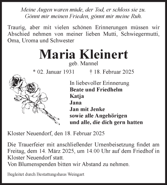 Traueranzeige von Maria Kleinert von Volksstimme Altmark West
