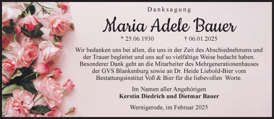 Traueranzeige von Maria Adele Bauer von Volksstimme Wernigerode