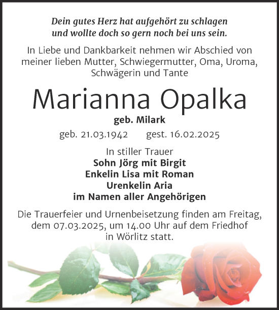 Traueranzeige von Marianna Opalka von Trauerkombi Wittenberg
