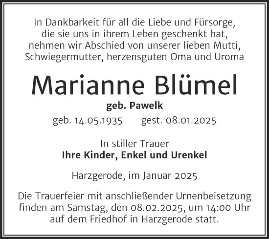 Traueranzeige von Marianne Blümel von Super Sonntag Quedlingburg