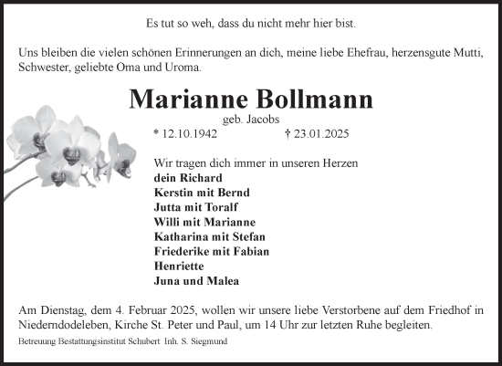 Traueranzeige von Marianne Bollmann von Volksstimme Haldensleben/Wolmirstedt