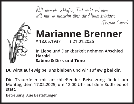 Traueranzeige von Marianne Brenner von Volksstimme Magdeburg