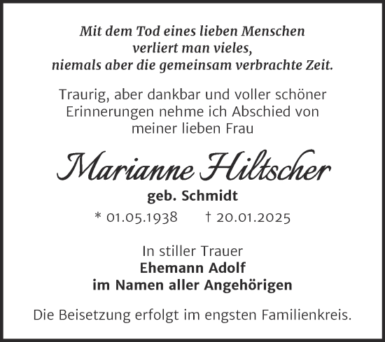 Traueranzeige von Marianne Hiltscher von Trauerkombi Bernburg