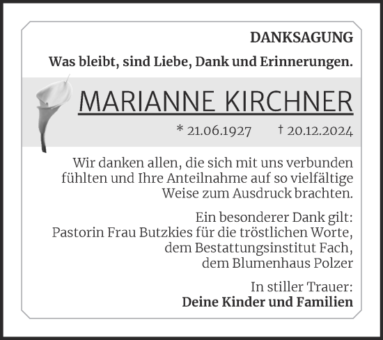 Traueranzeige von Marianne Kirchner von Trauerkombi Merseburg