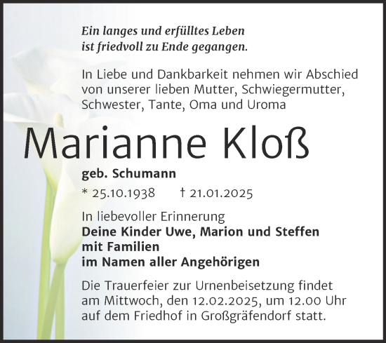 Traueranzeige von Marianne Kloß von Trauerkombi Merseburg