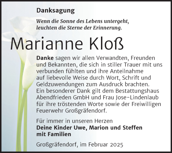 Traueranzeige von Marianne Kloß von Trauerkombi Merseburg