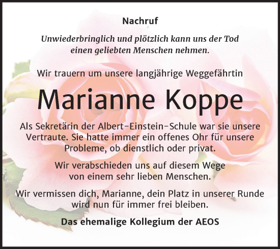 Traueranzeige von Marianne Koppe von Trauerkombi Weißenfels