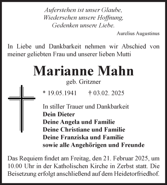 Traueranzeige von Marianne Mahn von Volksstimme Zerbst