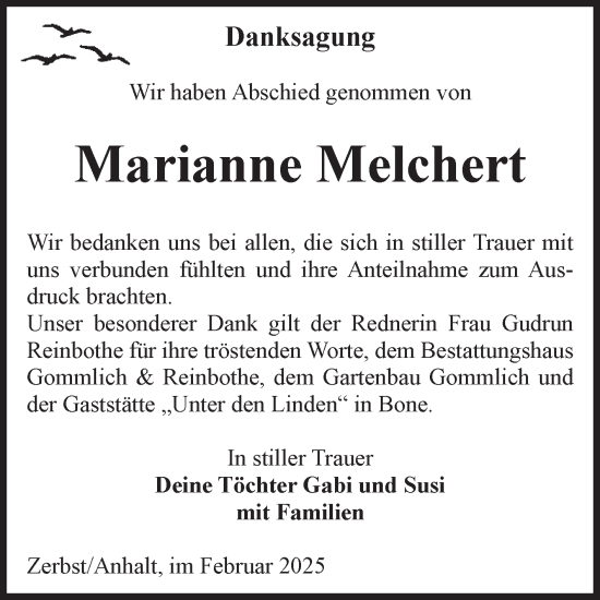 Traueranzeige von Marianne Melchert von Volksstimme Zerbst