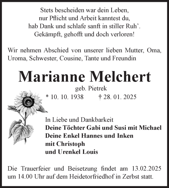Traueranzeige von Marianne Melchert von Volksstimme Zerbst
