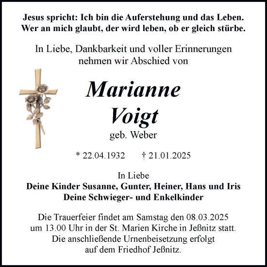 Traueranzeige von Marianne Voigt von Trauerkombi Bitterfeld