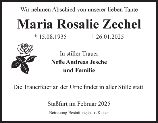 Traueranzeige von Maria Rosalie Zechel 