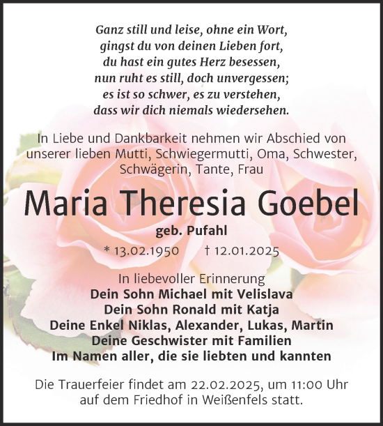 Traueranzeige von Maria Theresia Goebel von Trauerkombi Weißenfels