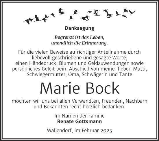 Traueranzeige von Marie Bock von Trauerkombi Merseburg