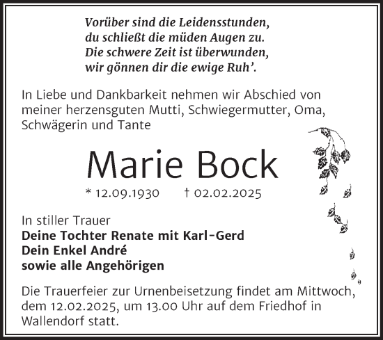 Traueranzeige von Marie Bock von Trauerkombi Merseburg