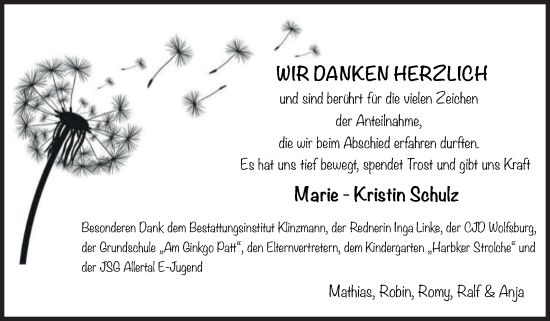 Traueranzeige von Marie-Kristin Schulz von Volksstimme Oschersleben/Wanzleben