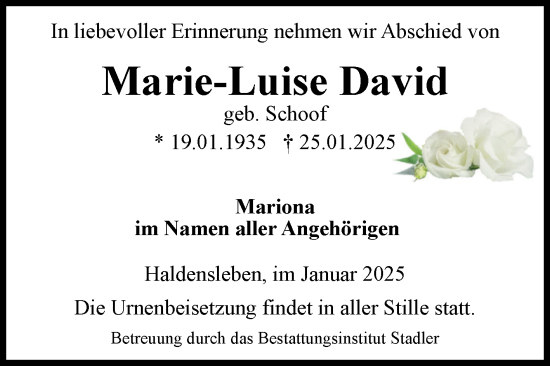 Traueranzeige von Marie-Luise David von Volksstimme Haldensleben/Wolmirstedt