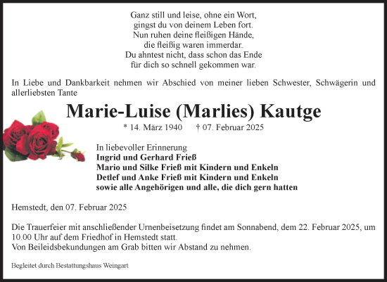 Traueranzeige von Marie-Luise Kautge von Volksstimme Altmark West