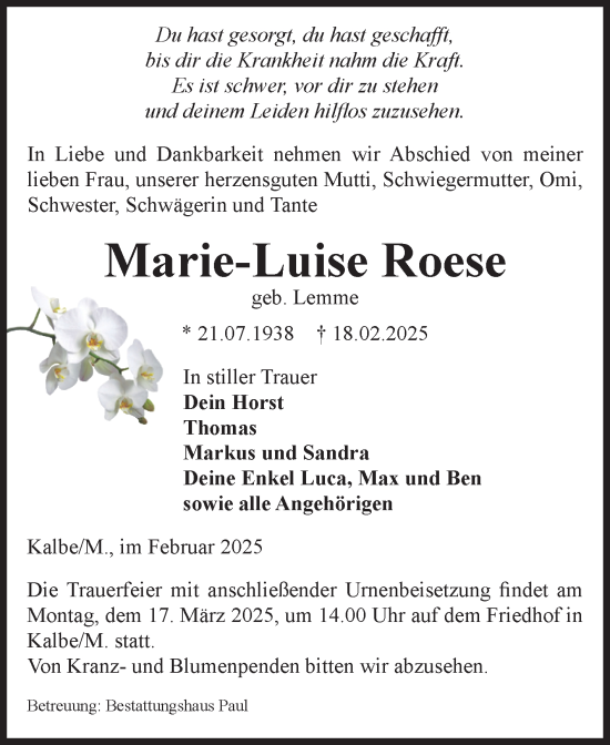 Traueranzeige von Marie-Luise Roese von Volksstimme Altmark West