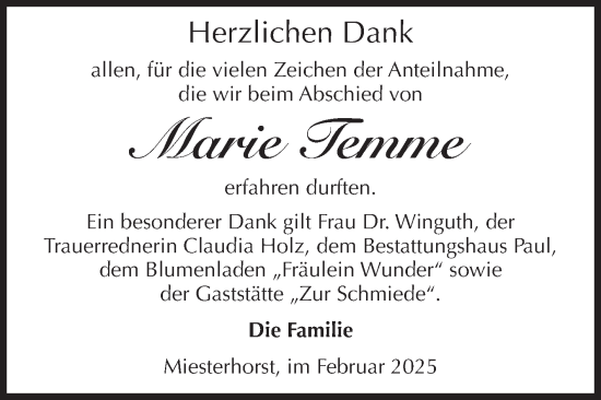 Traueranzeige von Marie Temme von Volksstimme Altmark West