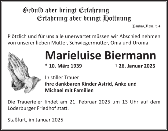 Traueranzeige von Marieluise Biermann von Volksstimme Staßfurt