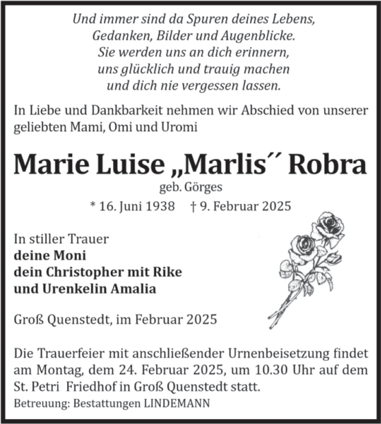 Traueranzeige von Marie Luise Robra von Volksstimme Halberstadt