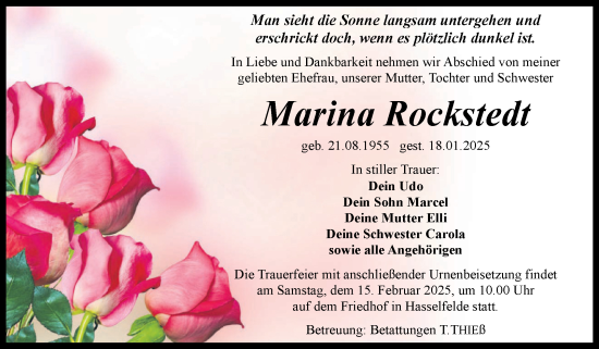 Traueranzeige von Marina Rockstedt von Volksstimme Wernigerode