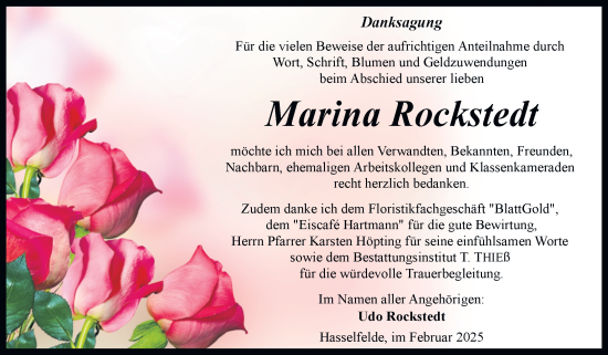 Traueranzeige von Marina Rockstedt von Volksstimme Wernigerode