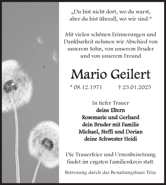 Traueranzeige von Mario Geilert von Volksstimme Burg/Genthin