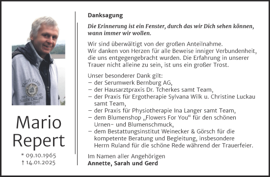 Traueranzeige von Mario Repert von Trauerkombi Bernburg