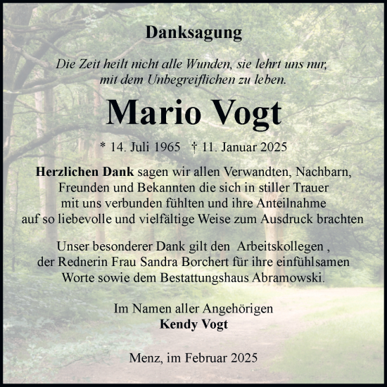 Traueranzeige von Mario Vogt von Volksstimme Burg/Genthin