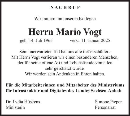 Traueranzeige von Mario Vogt von Volksstimme Magdeburg