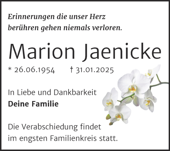 Traueranzeige von Marion Jaenicke von Mitteldeutsche Zeitung Sangerhausen